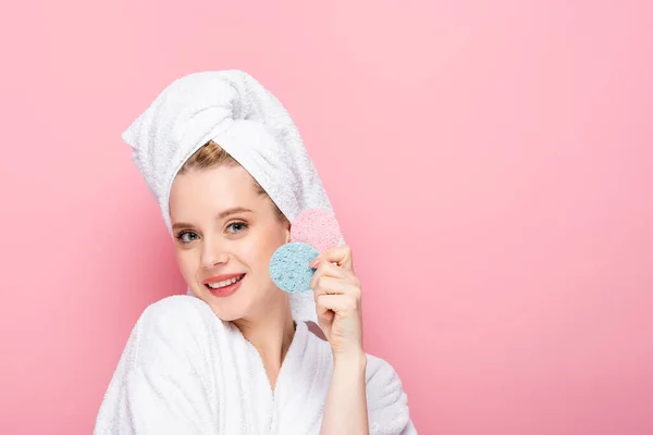 Happy Young Woman Bathrobe Towel Head Holding Sponges Isolated Pink — Stock Photo, Image