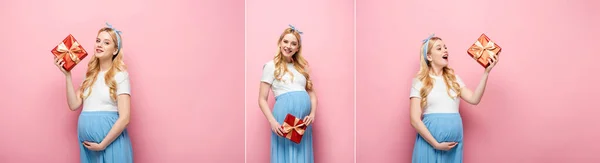 Коллаж Счастливой Блондинки Молодой Беременной Женщины Подарочной Коробкой Розовом Фоне — стоковое фото