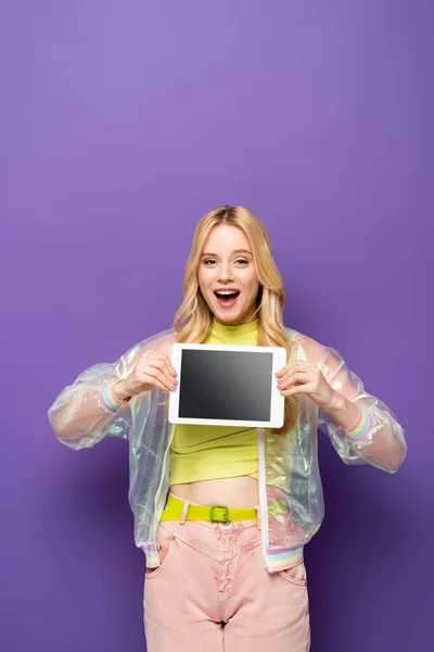 Happy Blonde Young Woman Colorful Outfit Holding Digital Tablet Purple — Stock Photo, Image