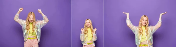 Colagem Jovem Loira Emocional Roupa Colorida Gesticulando Fundo Roxo Banner — Fotografia de Stock