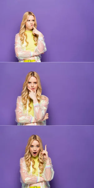 Collage Pensiv Och Förvånad Blond Ung Kvinna Färgglada Outfit Lila — Stockfoto