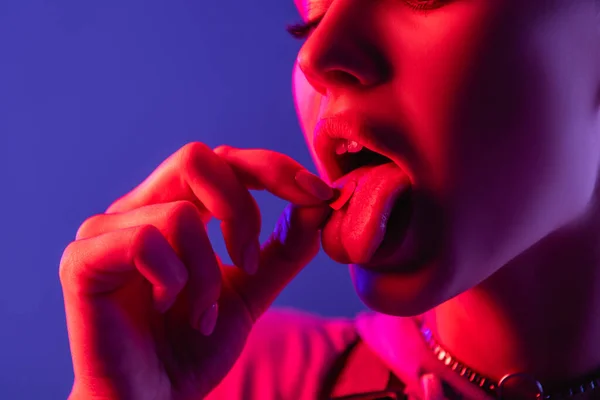 Cropped View Woman Putting Paper Tongue Isolated Purple — Stock Photo, Image