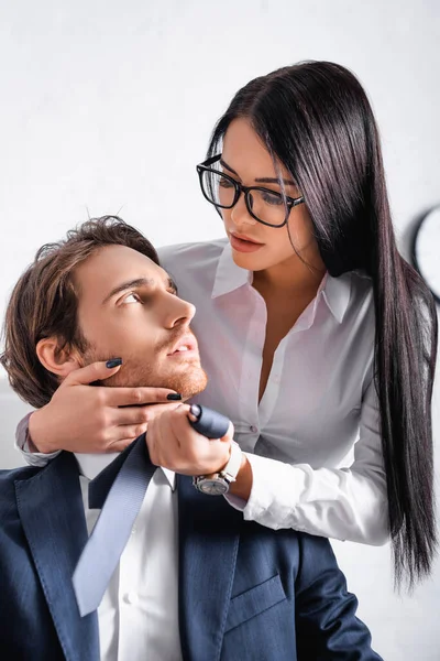 Sensual Brunette Businesswoman Touching Face Colleague While Seducing Him Office — Stock Photo, Image