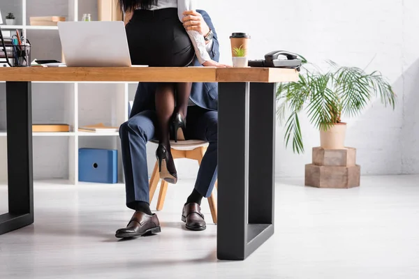 Partial View Secretary Sitting Desk Laptop Seducing Colleague Office — Stock Photo, Image