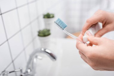 Kesilmiş diş fırçasıyla diş fırçası tutan kadın manzarası 