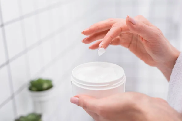 Partial View Woman Holding Jar Face Cream — Stock Photo, Image