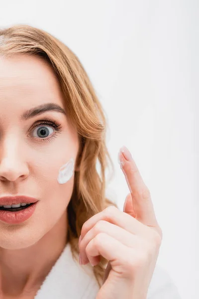 Partial View Surprised Woman Cosmetic Cream Face Bathroom — Stock Photo, Image