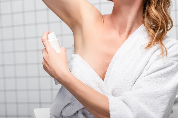 Partial View Woman White Towel Applying Deodorant Bathroom — Stock Photo, Image