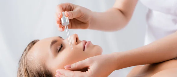 Beautician Holding Pipette Applying Serum Face Woman Spa Salon Banner — Stock Photo, Image