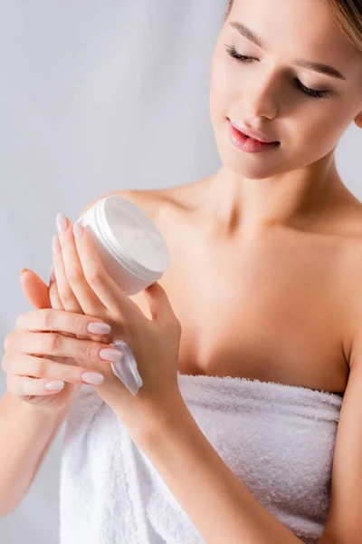 Young Woman Bare Shoulders Holding Jar Cream White — Stock Photo, Image