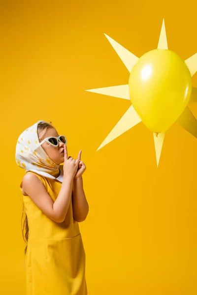 Girl Headscarf Sunglasses Showing Hush Sign Decorative Sun Balloon Isolated — Stock Photo, Image