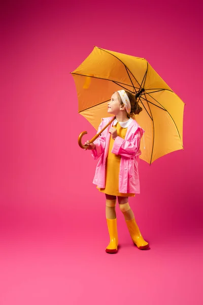 Full Length Positive Girl Raincoat Standing Yellow Umbrella Crimson — Stock Photo, Image