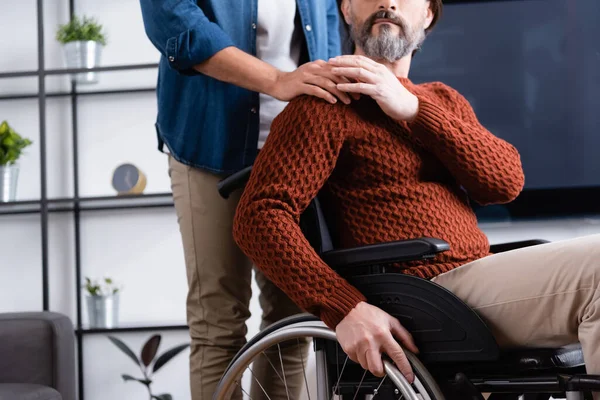 Cropped View Son Touching Shoulder Handicapped Father Wheelchair — Stock Photo, Image