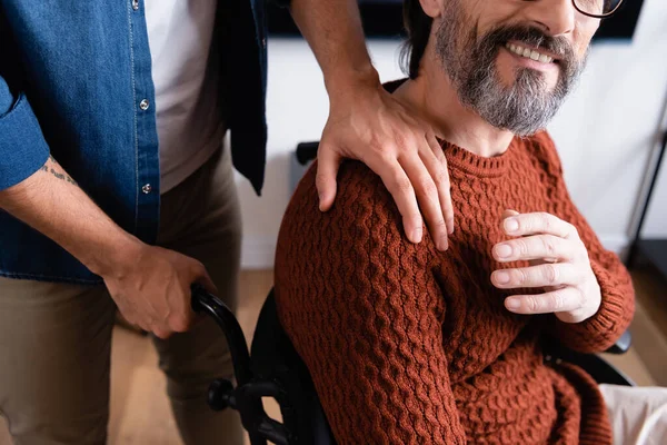 Partial View Man Touching Shoulder Joyful Handicapped Father — Stock Photo, Image