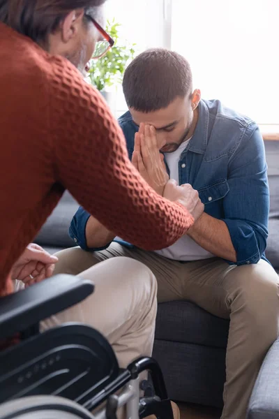 Disabled Man Touching Hand Depressed Hispanic Son Sitting Bowed Head — Stock Photo, Image