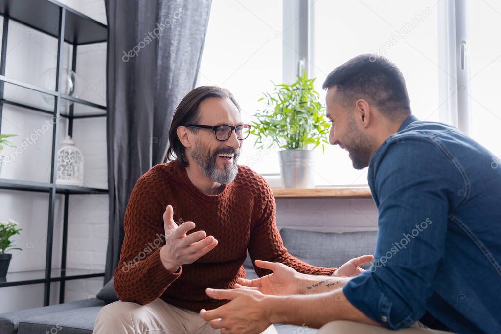 cheerful interracial father and son gesturing during conversation at home