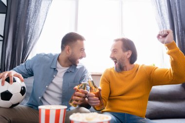 heyecanlı ırklar arası baba ve oğul evde futbol şampiyonasını izlerken bira şişelerini tokuşturuyorlar.