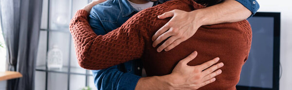 обрезанный вид отца и сына, обнимающих дома, баннер