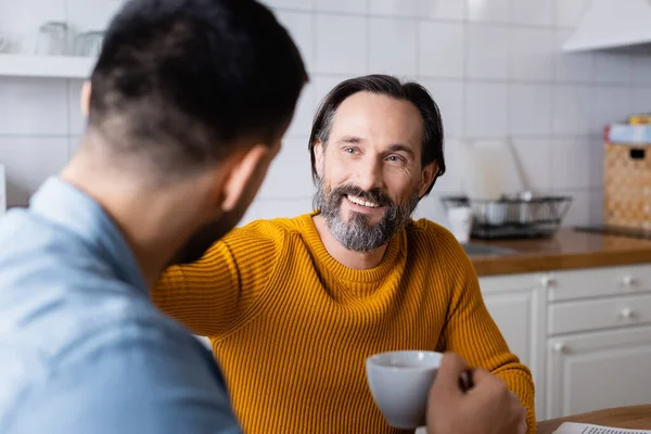 Cheerful Bearded Man Talking Young Son Blurred Foreground — Stock Photo, Image