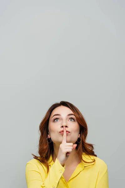 Positive Woman Looking While Showing Shh Gesture Isolated Grey — Stock Photo, Image