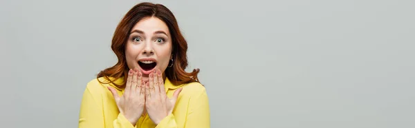 Astonished Woman Holding Hands Face While Looking Camera Isolated Grey — Stock Photo, Image