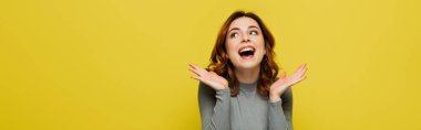 Neşeli kadın yukarı bakıyor ve sarı pankartta izole edilmiş bir şekilde işaret ediyor.