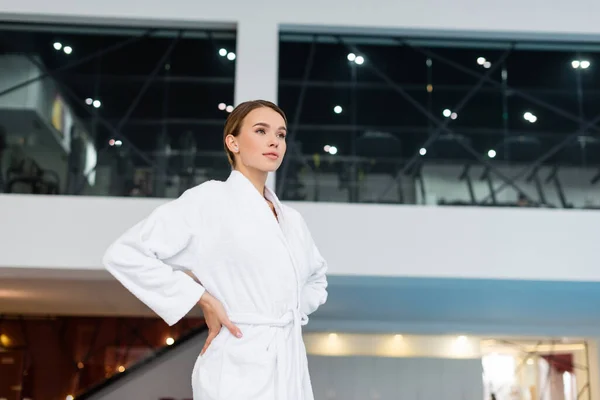 Young Woman White Bathrobe Standing Hands Hips Spa Center — Stock Photo, Image