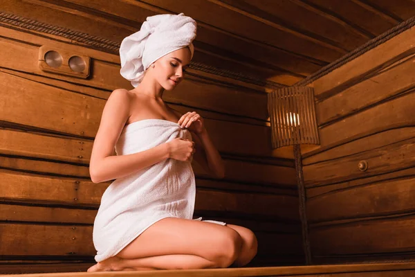 Pretty Woman Fixing Towel Wooden Sauna Spa Center — Stock Photo, Image