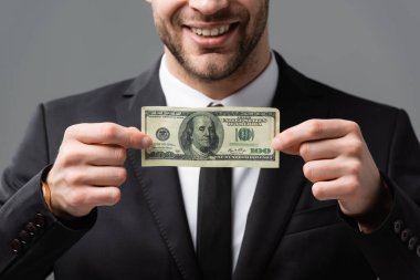 Gri, bulanık arka planda izole edilmiş dolar banknotları tutan gülen işadamlarının görüntüsü