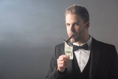 Gri arkaplandaki kameraya dumanla bakarken, bir yandan da para banknotundan puro yakan iş adamı.