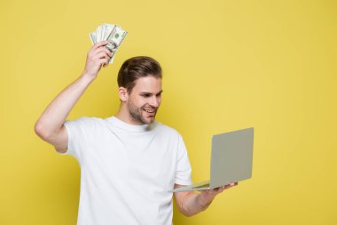 happy man holding dollars and laptop on yellow