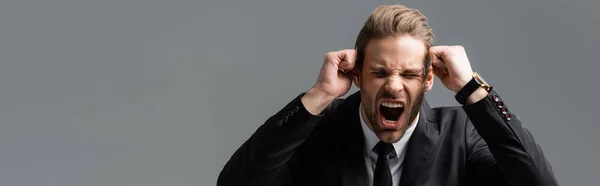 Aggressive Businessman Shouting Clenched Fists Isolated Grey Banner — Stock Photo, Image