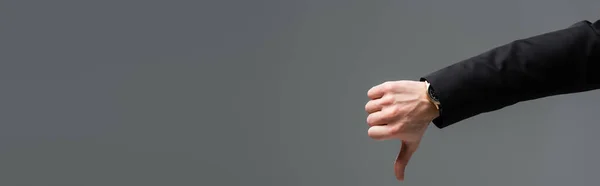 Обрезанный Вид Бизнесмена Показывающий Большой Палец Вниз Изолированы Серый Баннер — стоковое фото