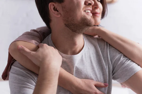 Cropped View Smiling Man Touching Hand Wife Blurred Background — Stock Photo, Image