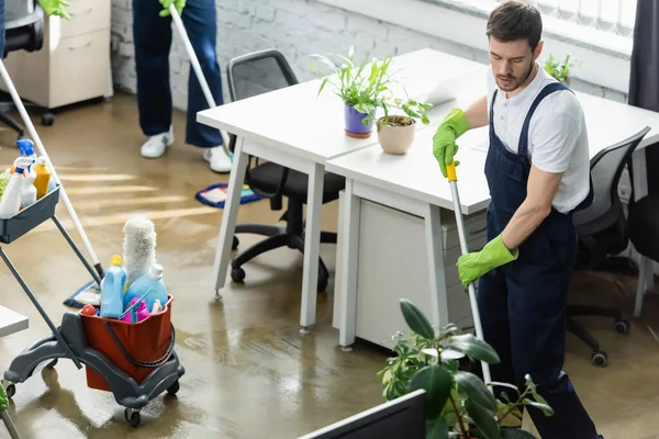 Cleaner Rubber Gloves Washing Floor Office — Stock Photo, Image