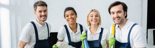 Cheerful Interracial Workers Cleaning Company Looking Camera Office Banner — Stock Photo, Image