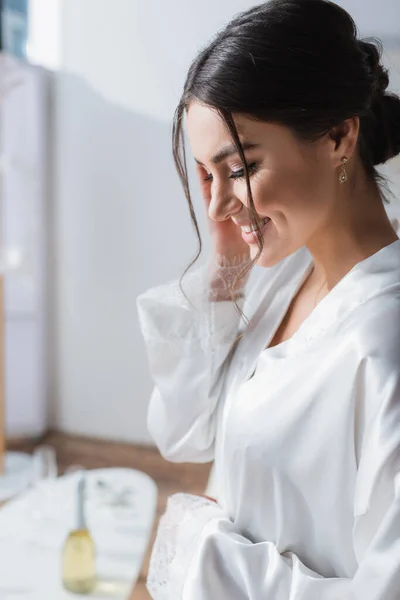 Joyful Brunette Bride Silk Robe Smiling Bedroom — Stock Photo, Image