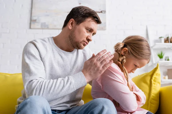 Offended Girl Sitting Crossed Arms Discouraged Father — Stock Photo, Image