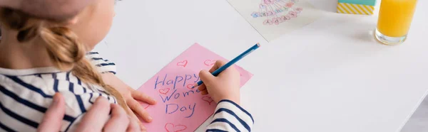 Partial View Man Touching Shoulder Daughter Drawing Happy Womens Day — Stock Photo, Image
