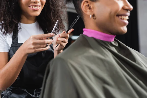 Cropped View Comb Scissors Hands African American Hairstylist Smiling Client — Stock Photo, Image