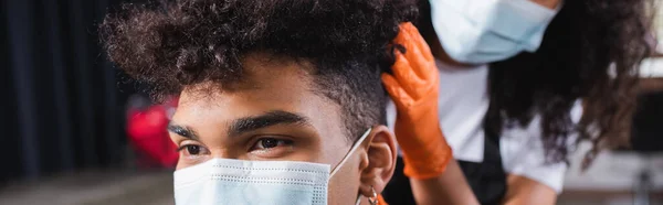 Cropped View African American Man Sitting Hairdresser Medical Mask Blurred — Stock Photo, Image