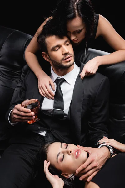 Businessman Holding Whiskey Passionate Women Isolated Black — Stock Photo, Image