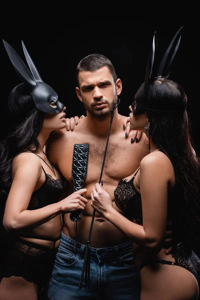 Passionate Women Bunny Masks Holding Flogging Whip Spanking Paddle Sexy — Stock Photo, Image