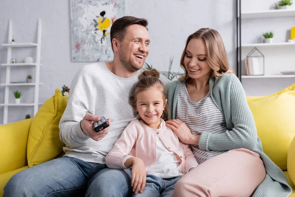 Cheerful Family Watching Movie Couch — Stock Photo, Image