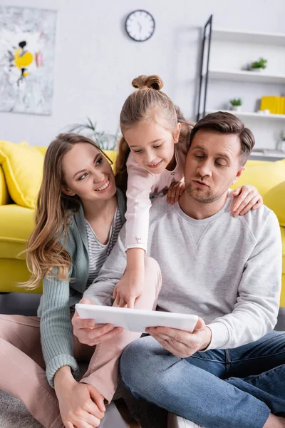 Happy Child Using Digital Tablet Parents Floor Living Room — Stock Photo, Image