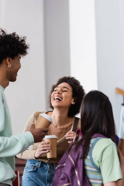 Positive African American Student Coffee Looking Friend — Stock Photo, Image