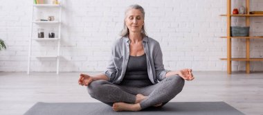mature woman with grey hair sitting in lotus pose on yoga mat, banner clipart