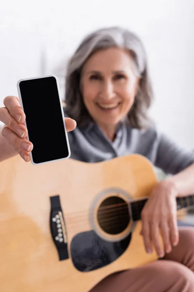 Blurred Happy Mature Woman Grey Hair Holding Smartphone Blank Screen — Stock Photo, Image