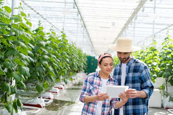 couple of multiethnic farmers looking at digital tablet in greenhouse