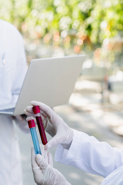 обрезанный вид инспектора качества в латексных перчатках, держащих пробирки рядом с коллегой с ноутбуком 